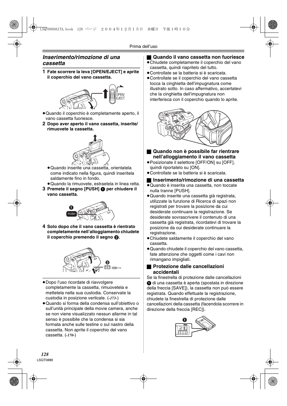 Inserimento/rimozione di una cassetta | Panasonic NVGS21EG User Manual | Page 128 / 236