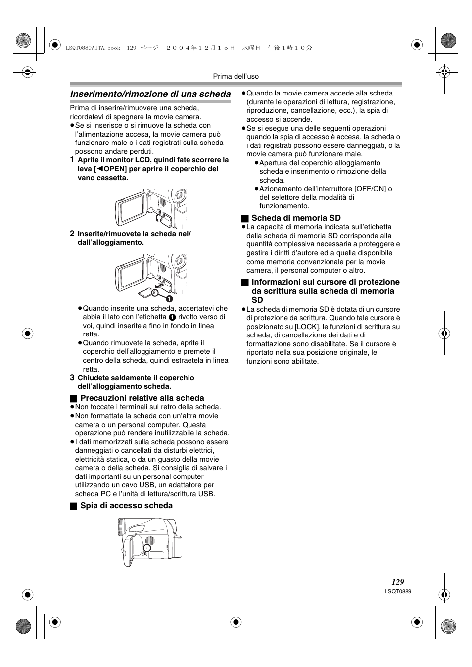 Inserimento/rimozione di una scheda | Panasonic NVGS21EG User Manual | Page 129 / 236