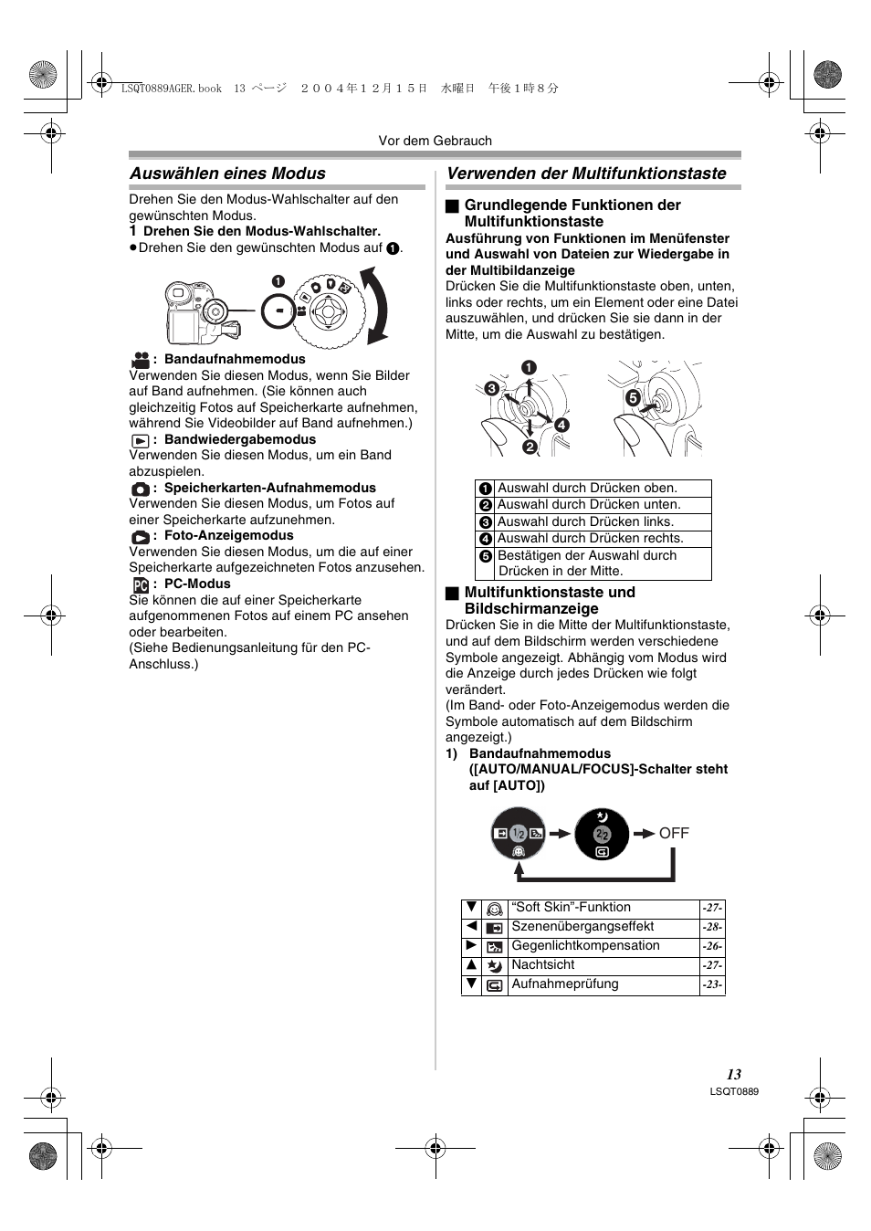 Auswählen eines modus, Verwenden der multifunktionstaste | Panasonic NVGS21EG User Manual | Page 13 / 236