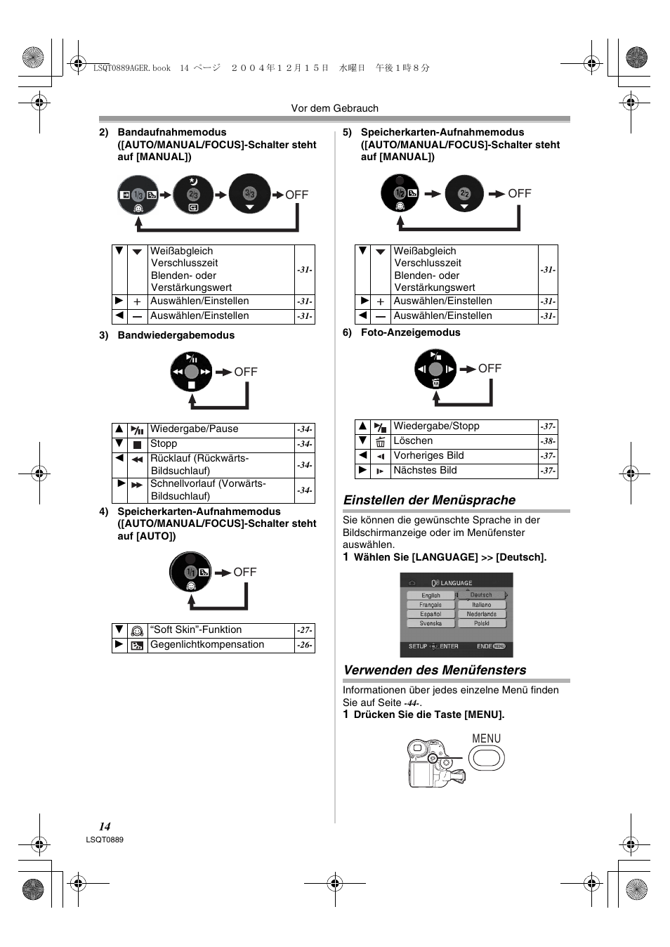 Einstellen der menüsprache, Verwenden des menüfensters | Panasonic NVGS21EG User Manual | Page 14 / 236