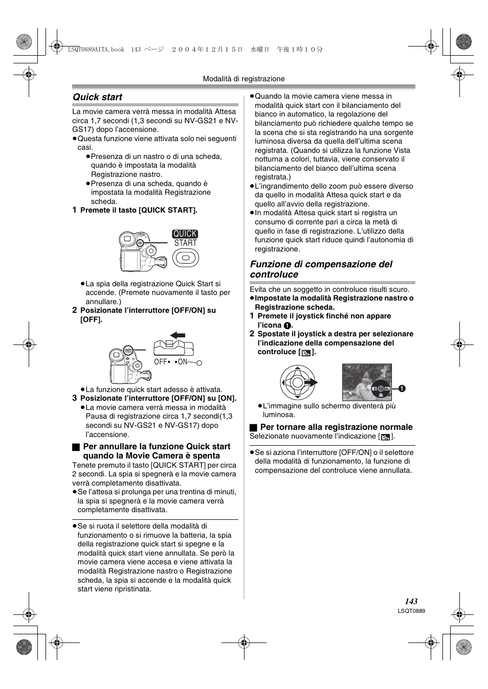Quick start, Funzione di compensazione del controluce | Panasonic NVGS21EG User Manual | Page 143 / 236