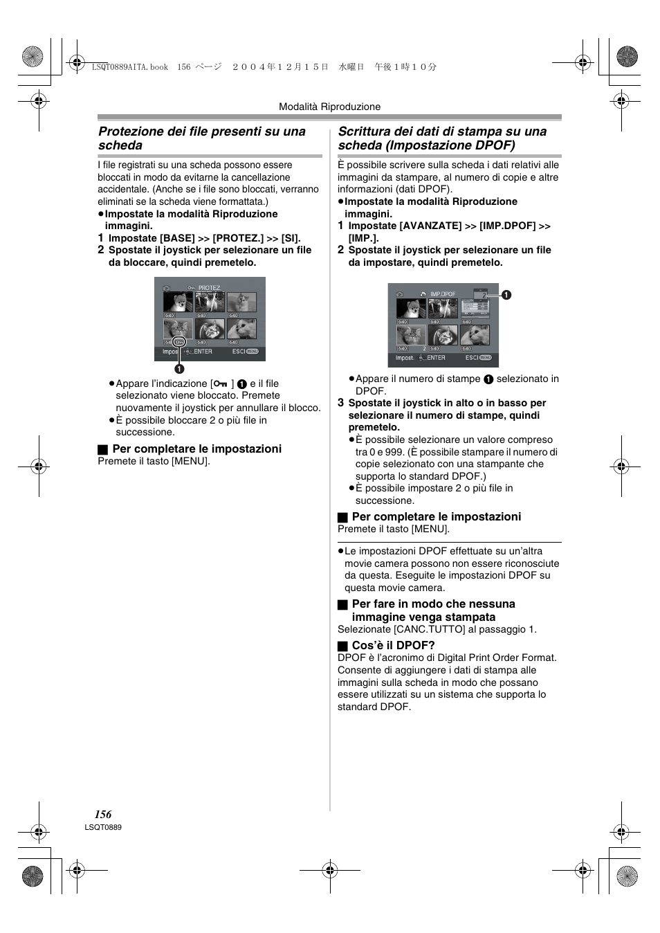 Impostazione dpof), Protezione dei file presenti su una scheda | Panasonic NVGS21EG User Manual | Page 156 / 236