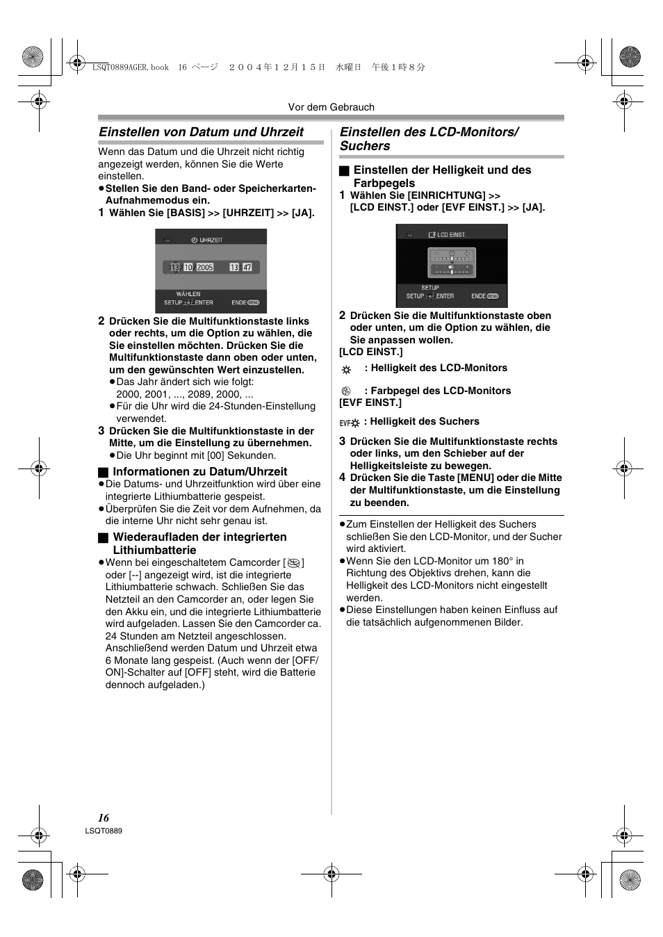Einstellen von datum und uhrzeit, Einstellen des lcd-monitors/ suchers | Panasonic NVGS21EG User Manual | Page 16 / 236