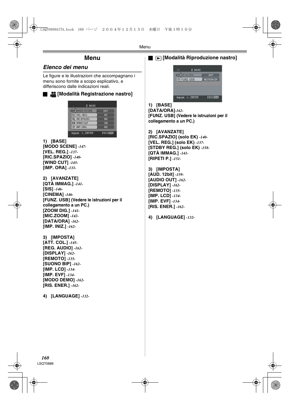 Menu, Elenco dei menu, Vedere | Panasonic NVGS21EG User Manual | Page 160 / 236