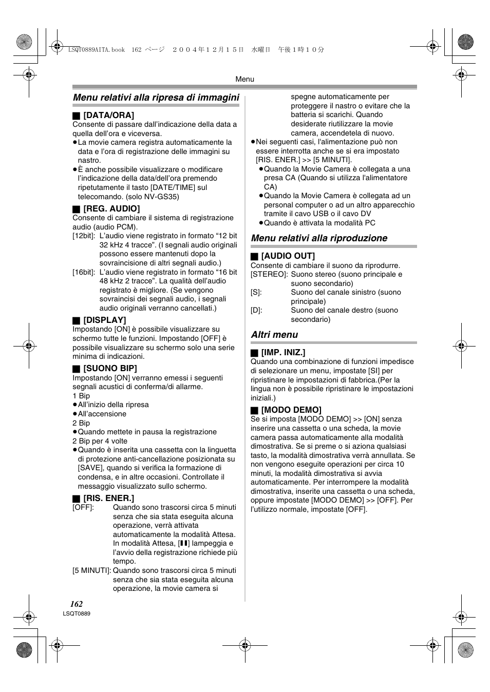Menu relativi alla ripresa di immagini, Menu relativi alla riproduzione, Altri menu | Panasonic NVGS21EG User Manual | Page 162 / 236