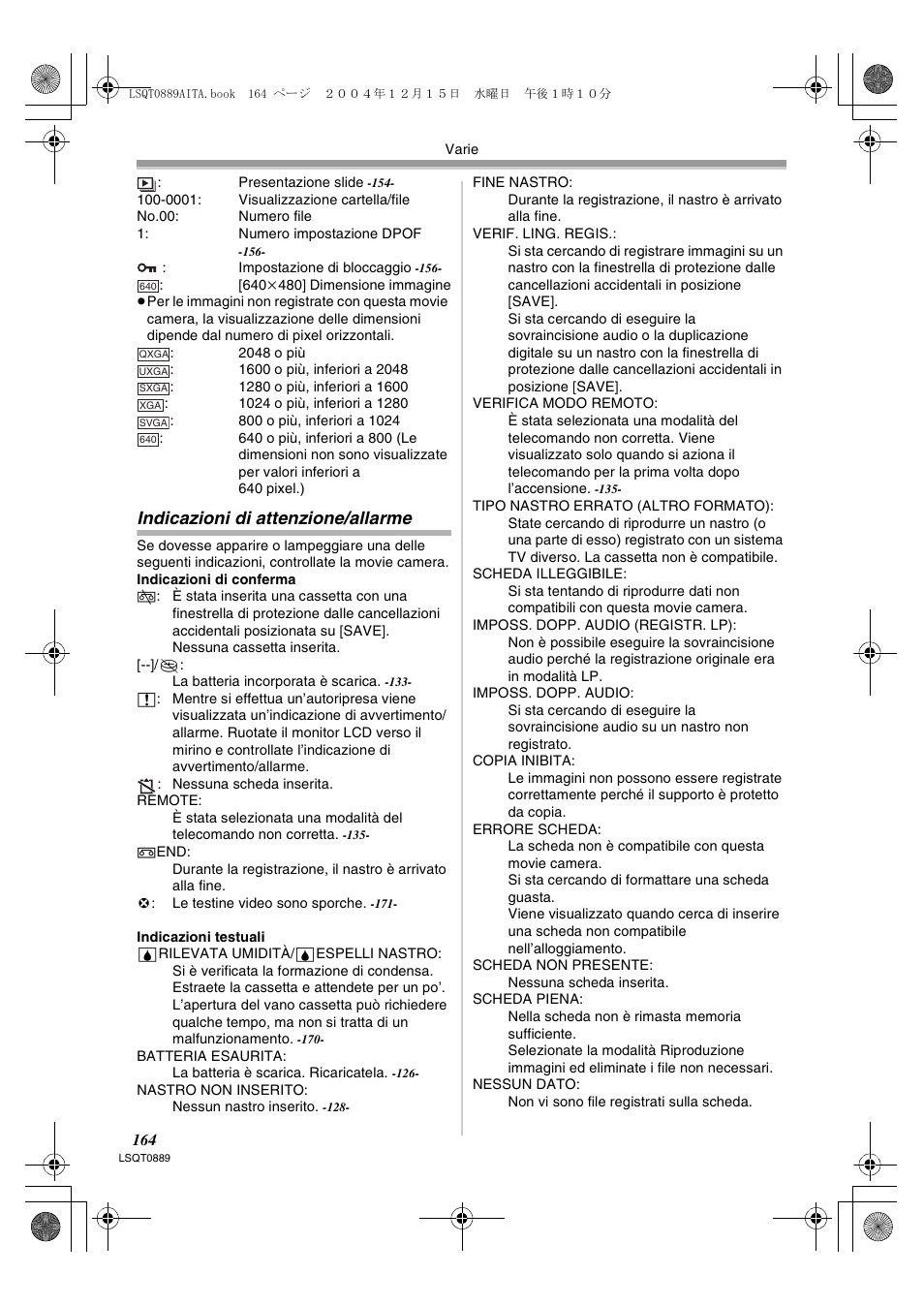 Indicazioni di attenzione/allarme | Panasonic NVGS21EG User Manual | Page 164 / 236