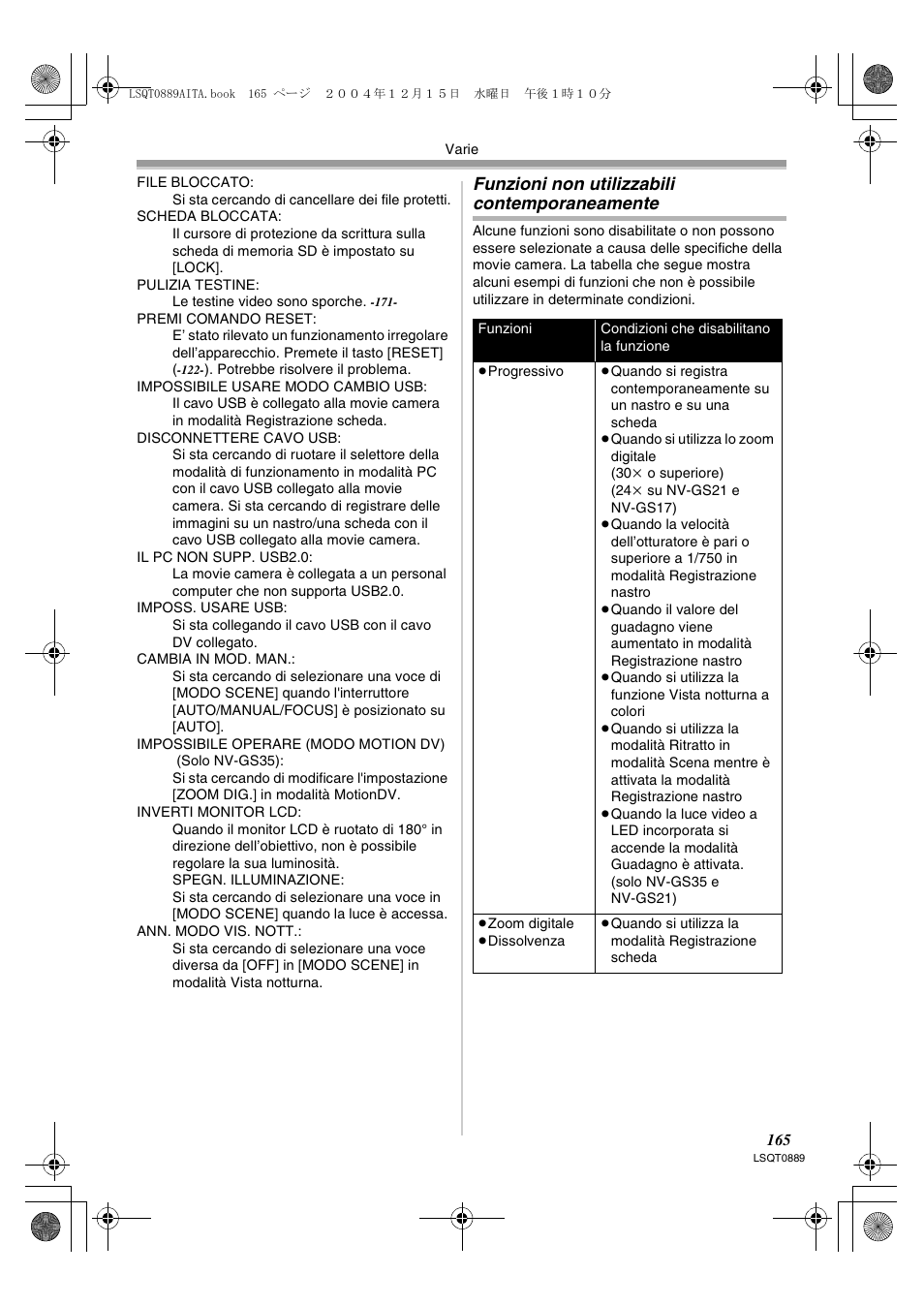 Funzioni non utilizzabili, Contemporaneamente, Funzioni non utilizzabili contemporaneamente | Panasonic NVGS21EG User Manual | Page 165 / 236