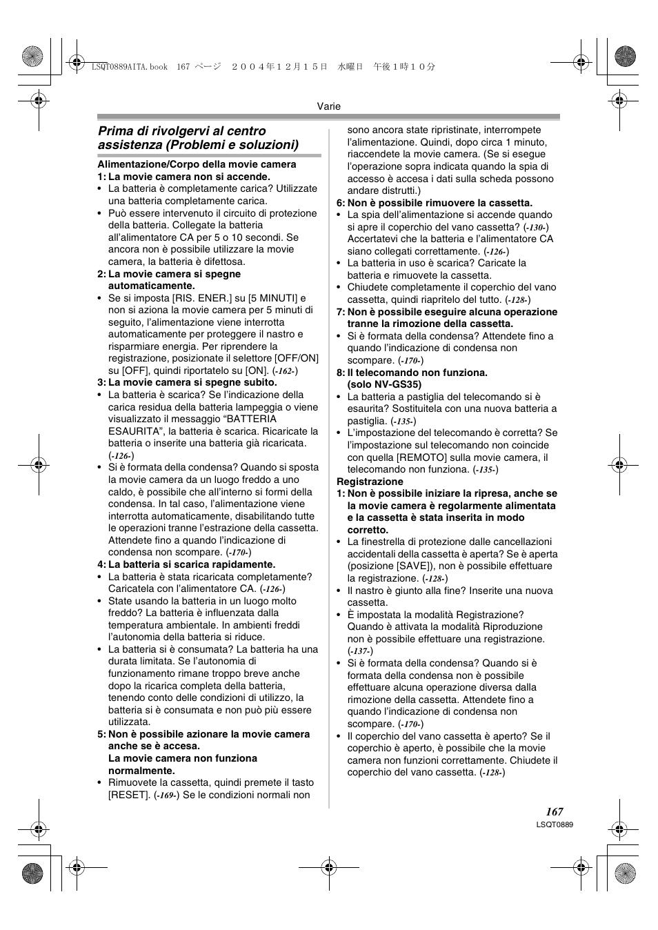 Prima di rivolgervi al centro assistenza, Problemi e soluzioni) | Panasonic NVGS21EG User Manual | Page 167 / 236