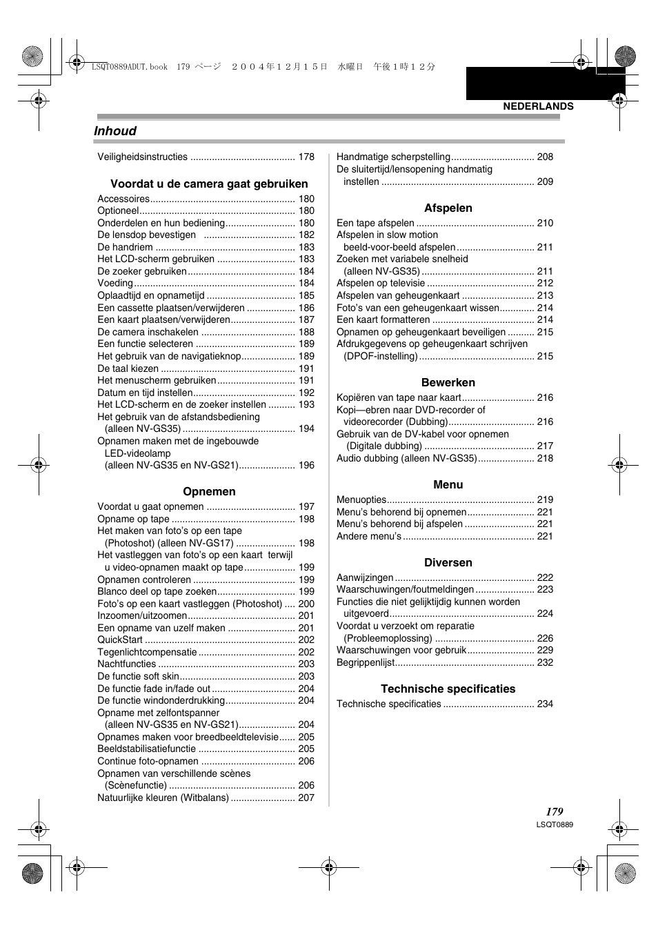 Inhoud | Panasonic NVGS21EG User Manual | Page 179 / 236