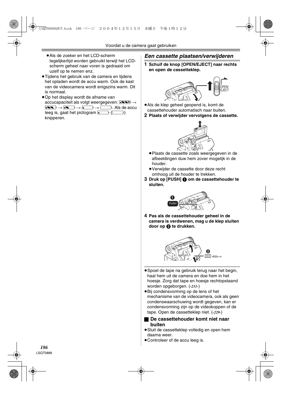 Een cassette plaatsen/verwijderen | Panasonic NVGS21EG User Manual | Page 186 / 236