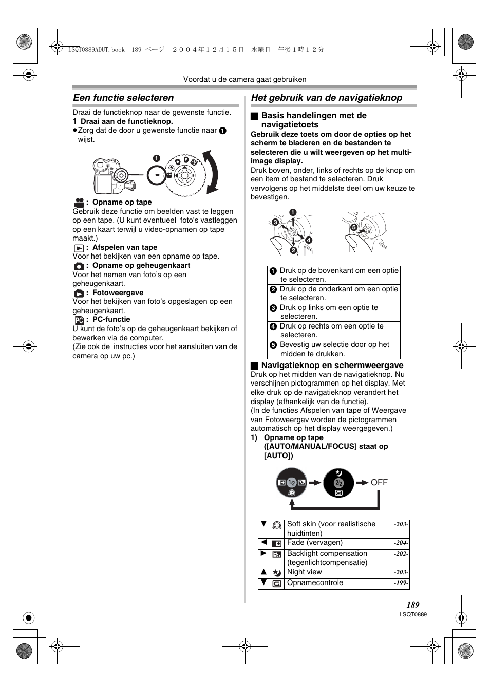Een functie selecteren, Het gebruik van de navigatieknop | Panasonic NVGS21EG User Manual | Page 189 / 236