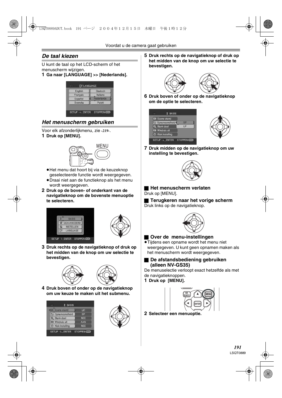 De taal kiezen het menuscherm gebruiken, De taal kiezen, Het menuscherm gebruiken | Panasonic NVGS21EG User Manual | Page 191 / 236