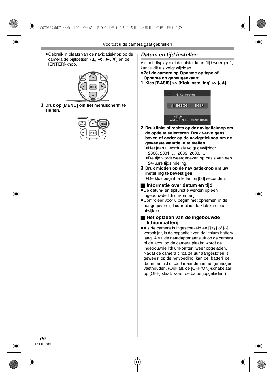 Datum en tijd instellen | Panasonic NVGS21EG User Manual | Page 192 / 236