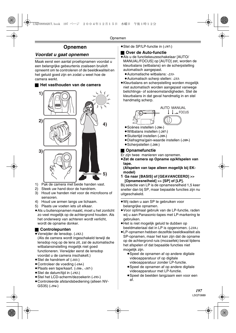 Opnemen, Voordat u gaat opnemen | Panasonic NVGS21EG User Manual | Page 197 / 236