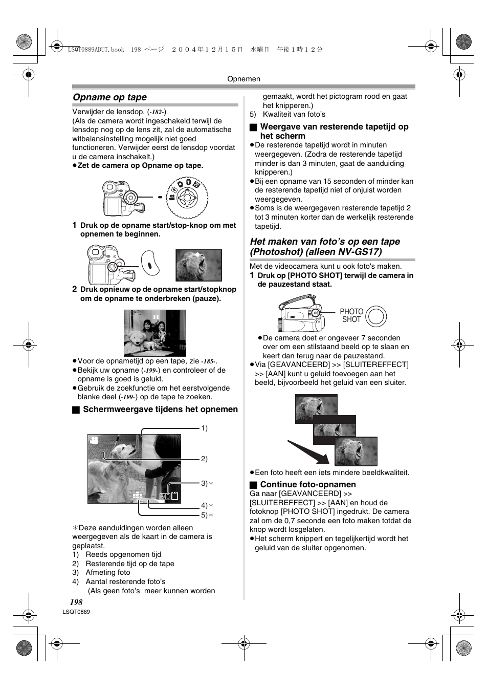 Opname op tape het maken van foto’s op een tape, Photoshot) (alleen nv-gs17), Opname op tape | Panasonic NVGS21EG User Manual | Page 198 / 236