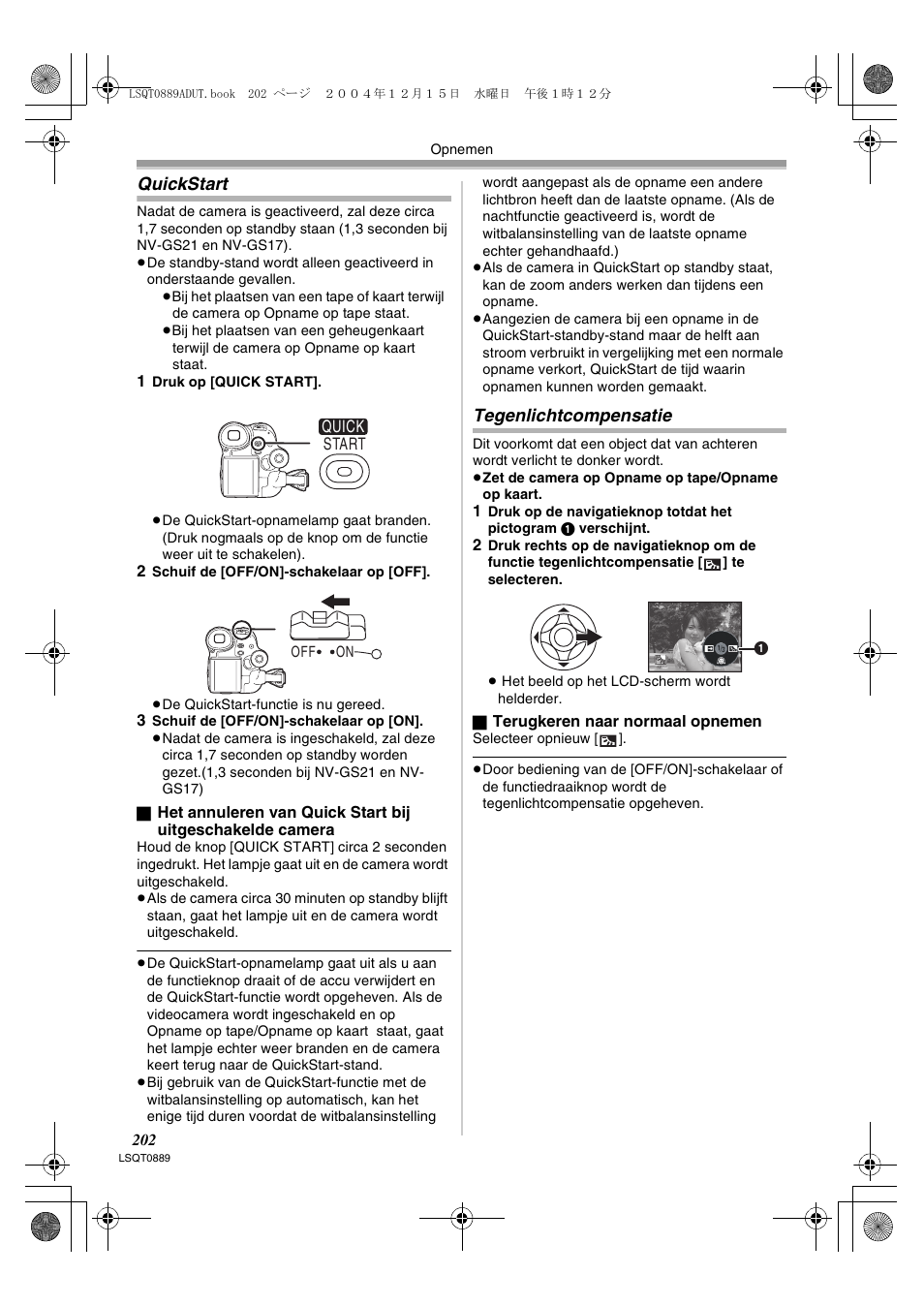 Quickstart tegenlichtcompensatie, Quickstart, Tegenlichtcompensatie | Panasonic NVGS21EG User Manual | Page 202 / 236