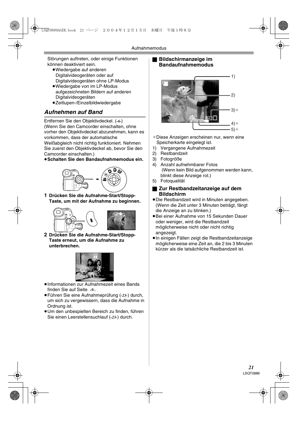 Aufnehmen auf band | Panasonic NVGS21EG User Manual | Page 21 / 236