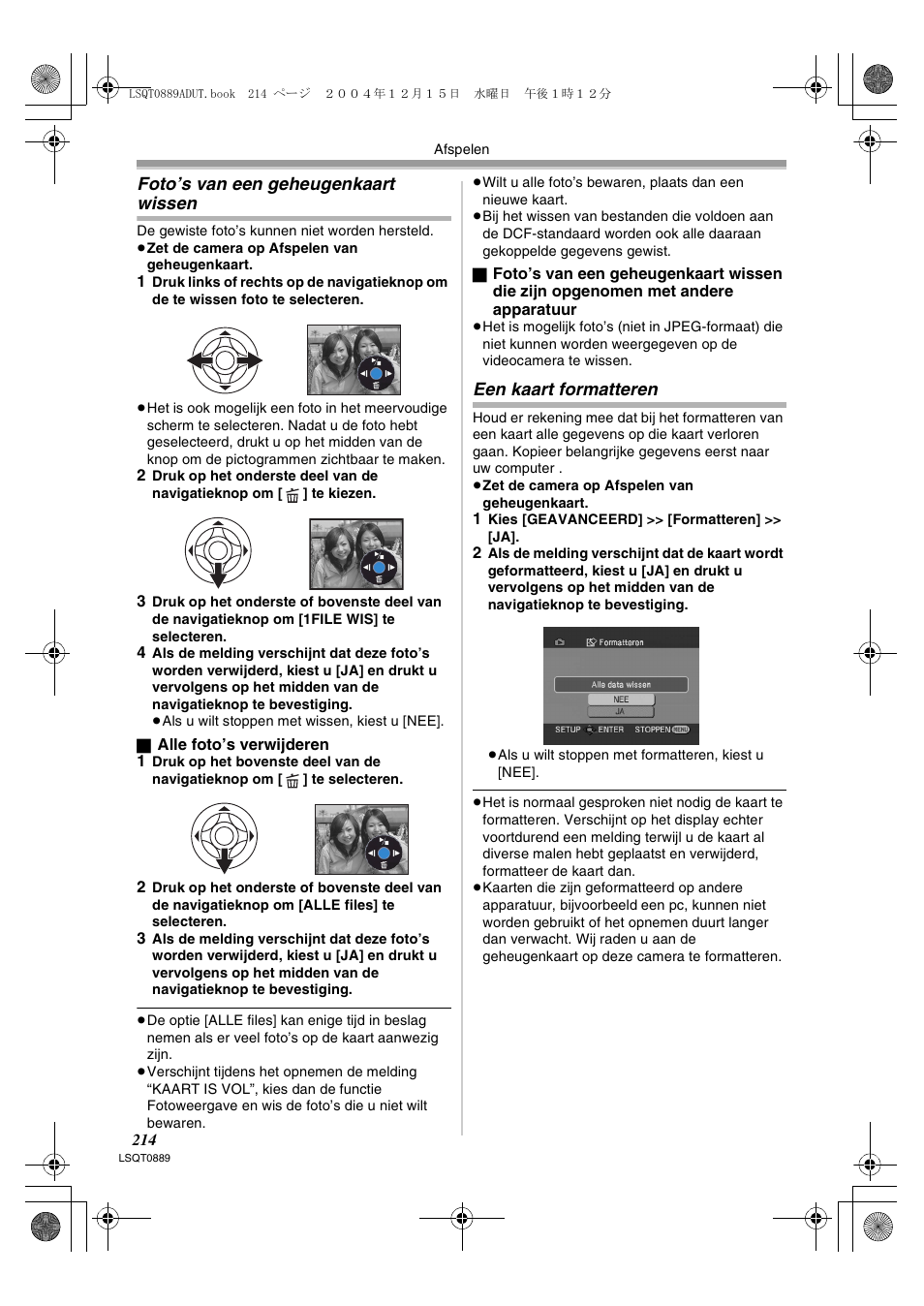 Foto’s van een geheugenkaart wissen, Een kaart formatteren | Panasonic NVGS21EG User Manual | Page 214 / 236