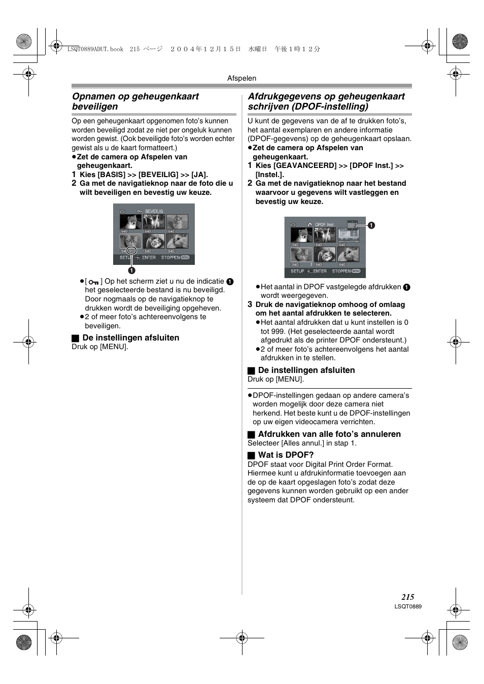 Dpof-instelling), Opnamen op geheugenkaart beveiligen | Panasonic NVGS21EG User Manual | Page 215 / 236
