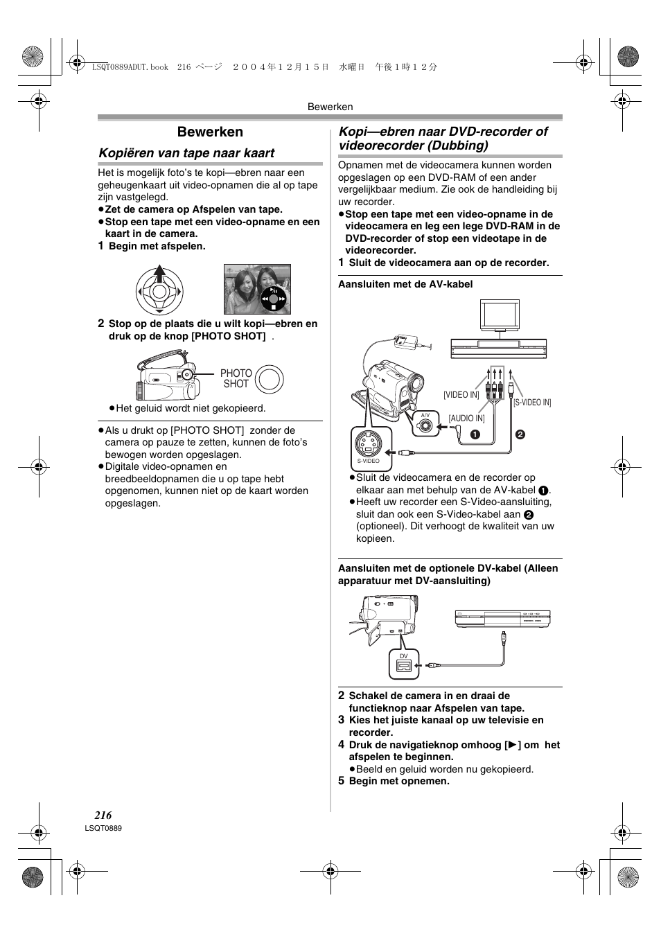 Bewerken, Videorecorder (dubbing), Kopiëren van tape naar kaart | Panasonic NVGS21EG User Manual | Page 216 / 236