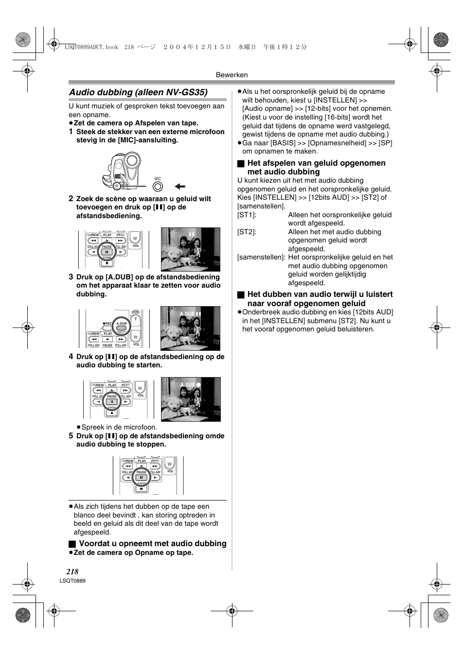 Audio dubbing (alleen nv-gs35), Voordat u opneemt met audio dubbing, Bewerken | Panasonic NVGS21EG User Manual | Page 218 / 236
