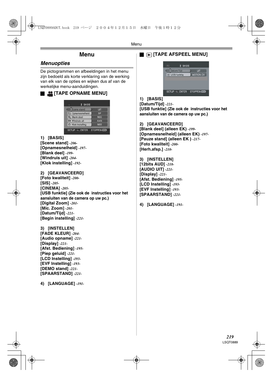 Menu, Menuopties | Panasonic NVGS21EG User Manual | Page 219 / 236