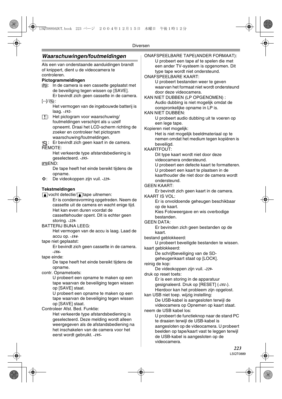 Waarschuwingen/foutmeldingen | Panasonic NVGS21EG User Manual | Page 223 / 236