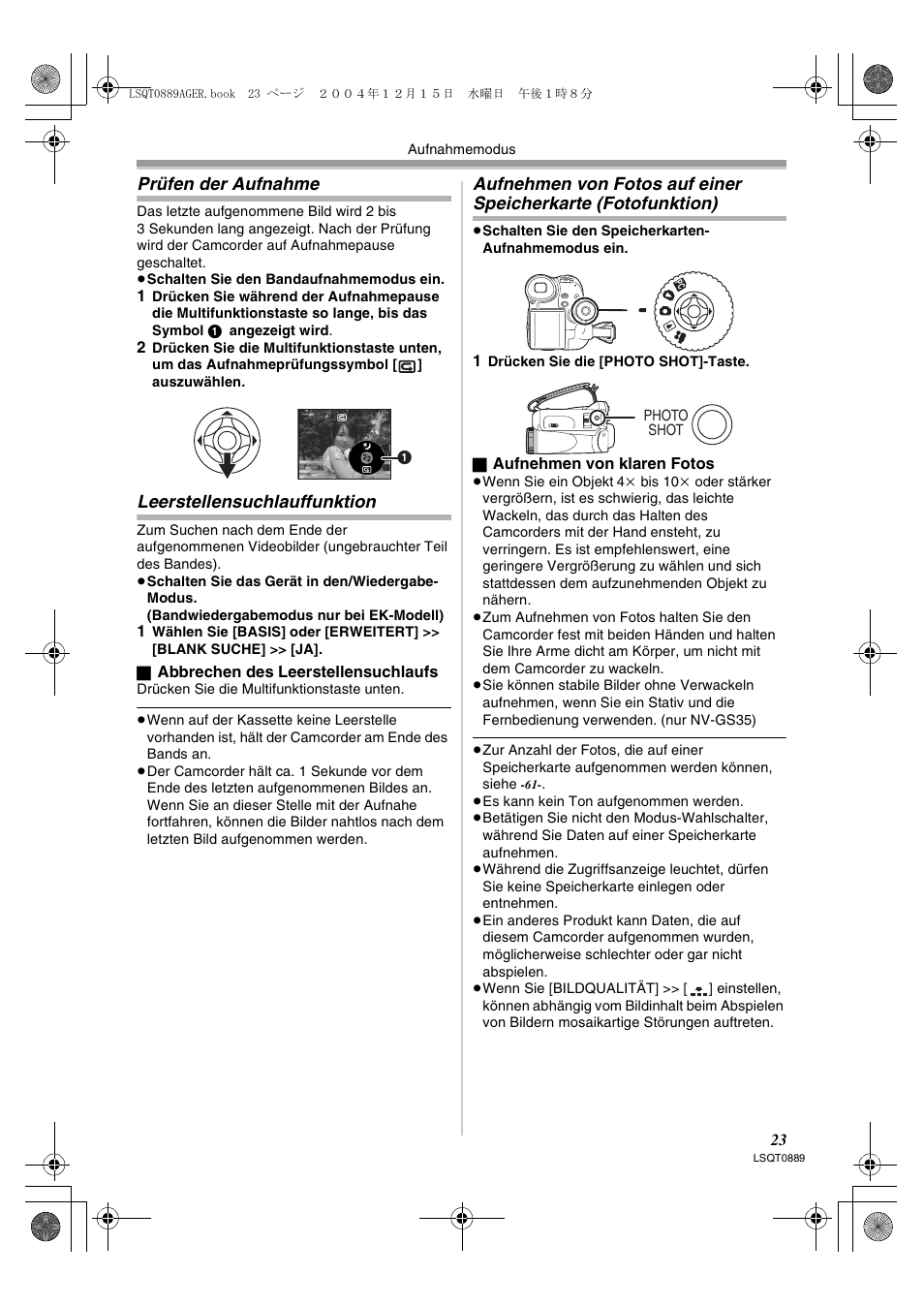 Fotofunktion), Prüfen der aufnahme, Leerstellensuchlauffunktion | Panasonic NVGS21EG User Manual | Page 23 / 236