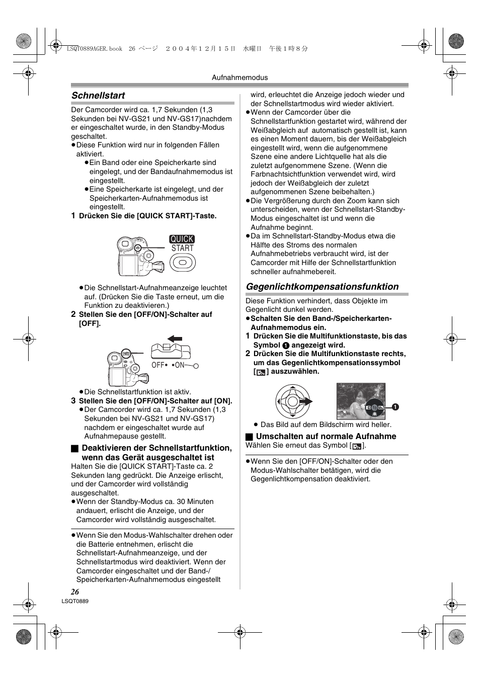 Schnellstart gegenlichtkompensationsfunktion, Schnellstart, Gegenlichtkompensationsfunktion | Panasonic NVGS21EG User Manual | Page 26 / 236