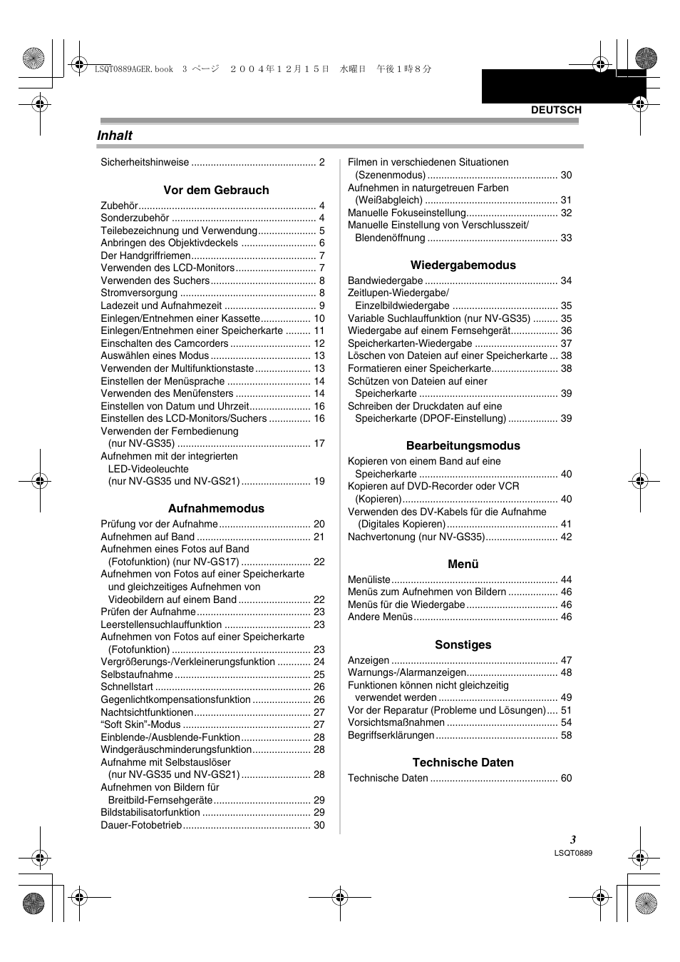Inhalt | Panasonic NVGS21EG User Manual | Page 3 / 236
