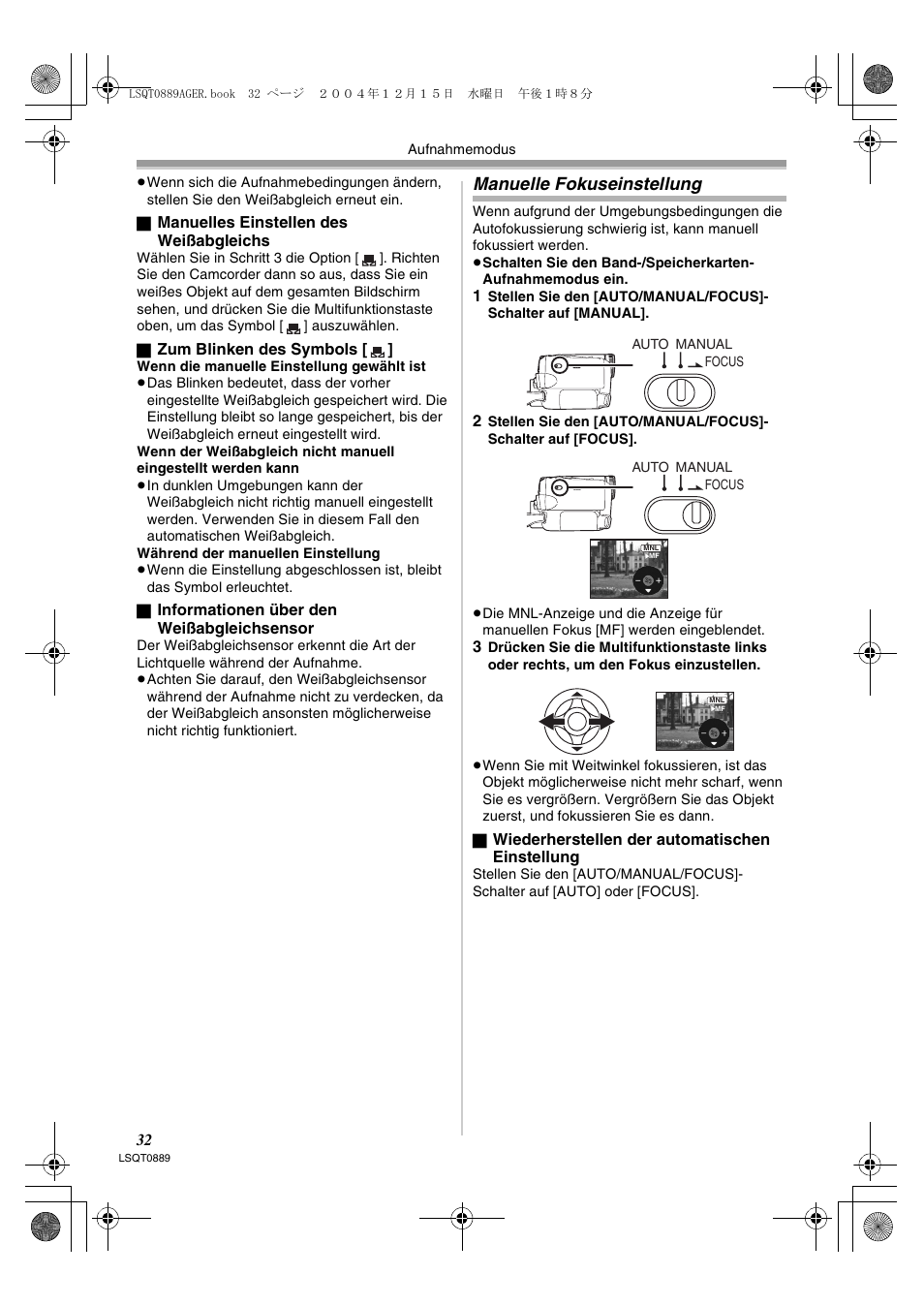 Manuelle fokuseinstellung | Panasonic NVGS21EG User Manual | Page 32 / 236