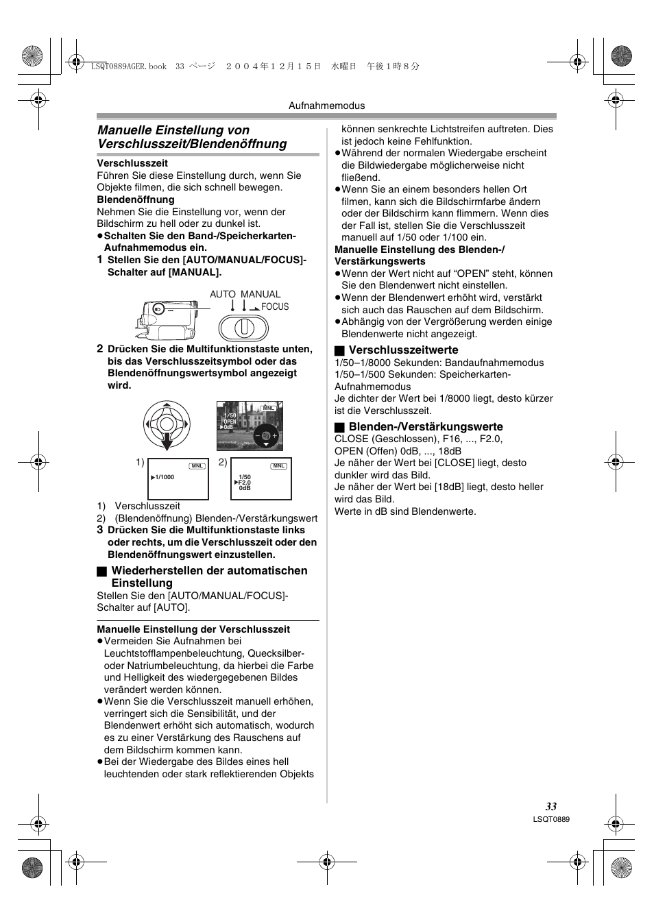 Manuelle einstellung von verschlusszeit, Blendenöffnung | Panasonic NVGS21EG User Manual | Page 33 / 236