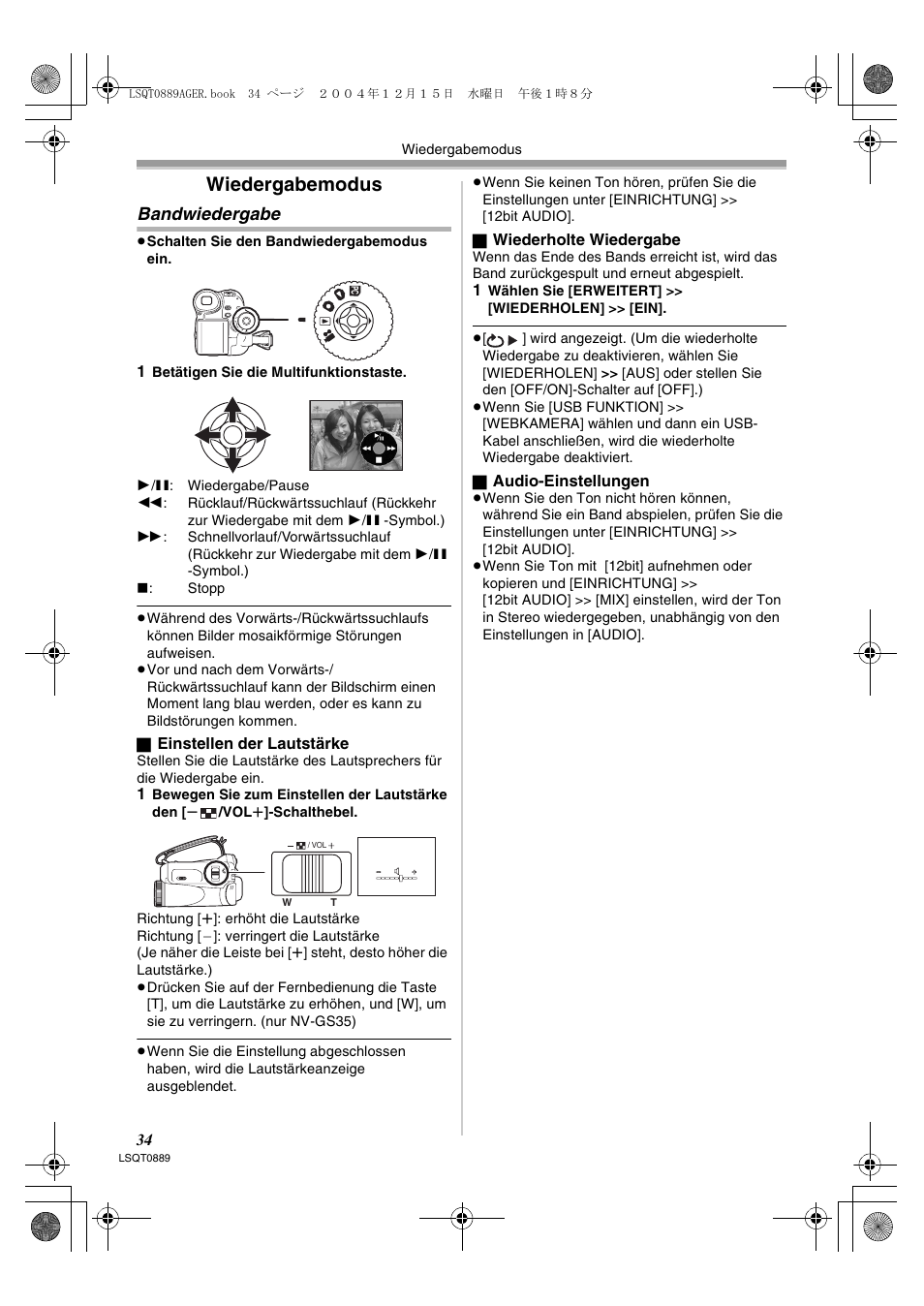 Wiedergabemodus, Bandwiedergabe | Panasonic NVGS21EG User Manual | Page 34 / 236