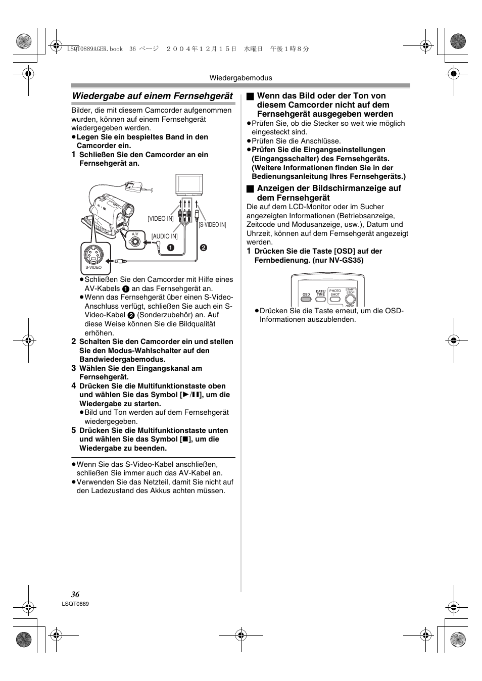Wiedergabe auf einem fernsehgerät | Panasonic NVGS21EG User Manual | Page 36 / 236