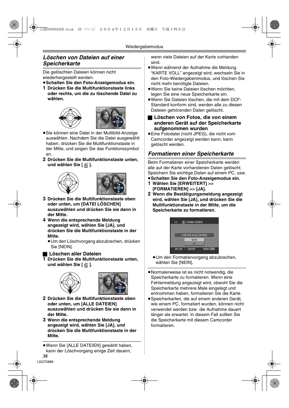 Löschen von dateien auf einer speicherkarte, Formatieren einer speicherkarte | Panasonic NVGS21EG User Manual | Page 38 / 236