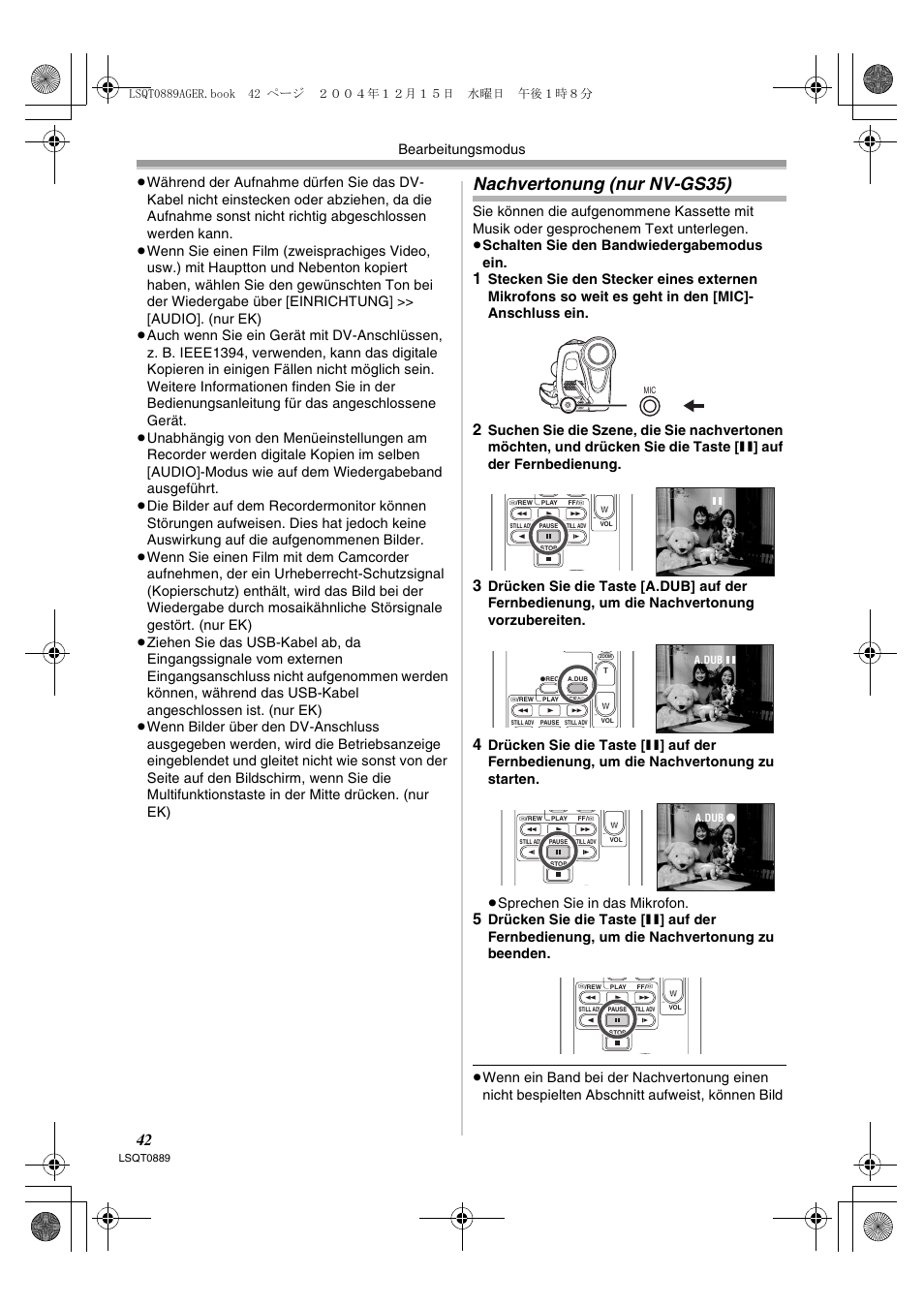 Nachvertonung (nur nv-gs35), Bearbeitungsmodus | Panasonic NVGS21EG User Manual | Page 42 / 236