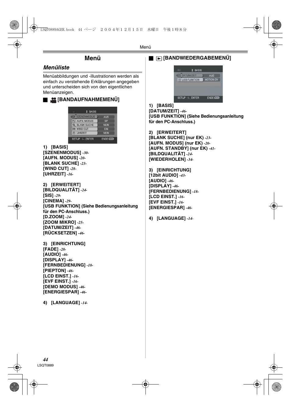 Menüliste, Menü | Panasonic NVGS21EG User Manual | Page 44 / 236