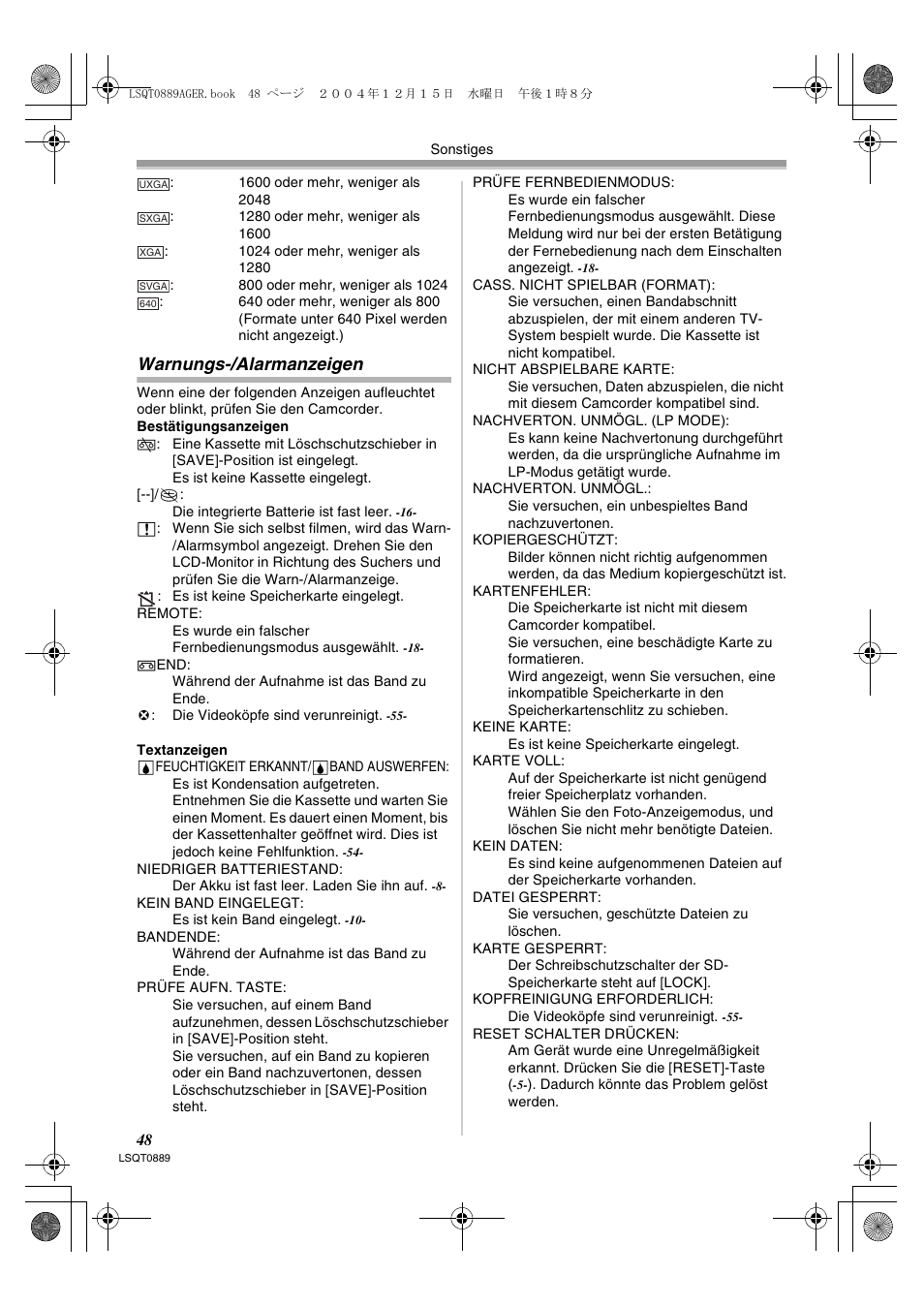 Warnungs-/alarmanzeigen | Panasonic NVGS21EG User Manual | Page 48 / 236