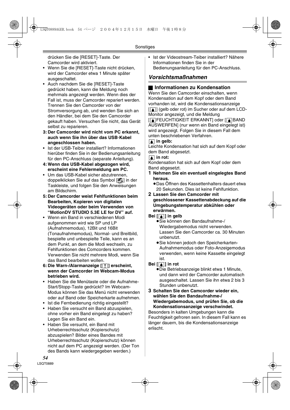Vorsichtsmaßnahmen | Panasonic NVGS21EG User Manual | Page 54 / 236