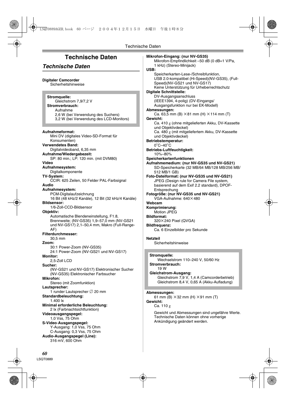 Technische daten | Panasonic NVGS21EG User Manual | Page 60 / 236