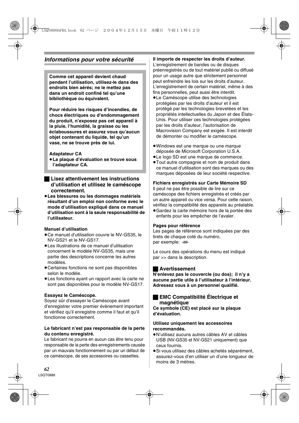 Informations pour votre sécurité | Panasonic NVGS21EG User Manual | Page 62 / 236