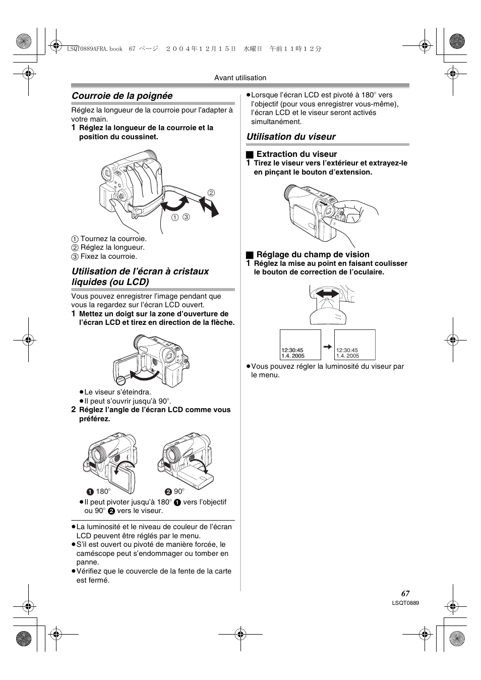 Ou lcd), Utilisation du viseur, Courroie de la poignée | Panasonic NVGS21EG User Manual | Page 67 / 236