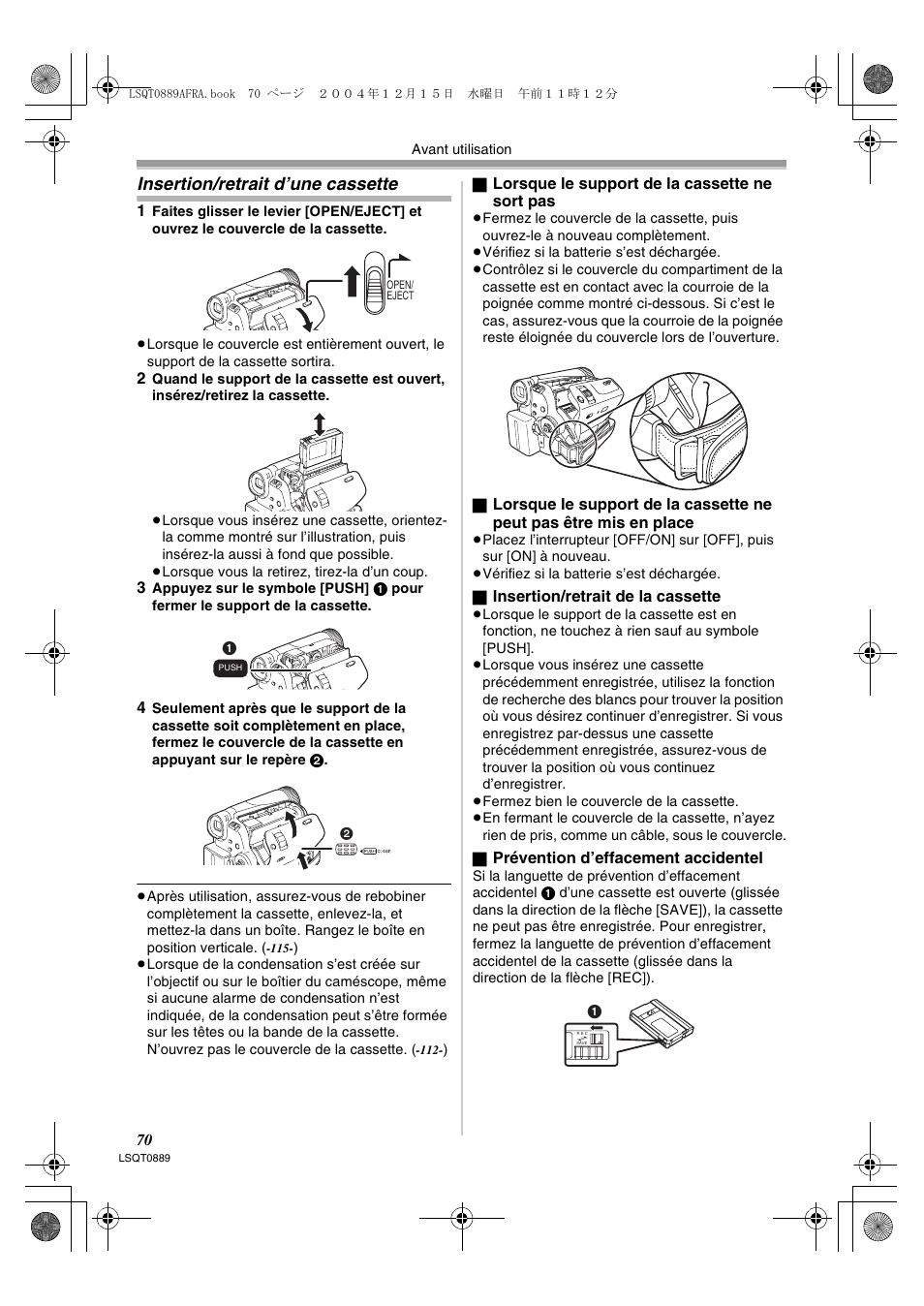 Insertion/retrait d’une cassette | Panasonic NVGS21EG User Manual | Page 70 / 236