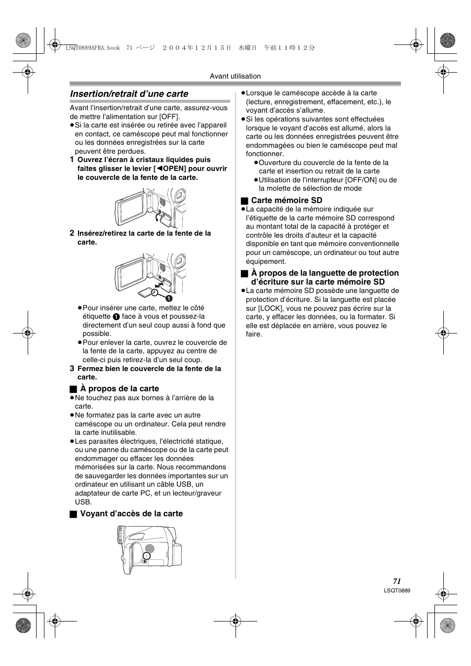 Insertion/retrait d’une carte | Panasonic NVGS21EG User Manual | Page 71 / 236