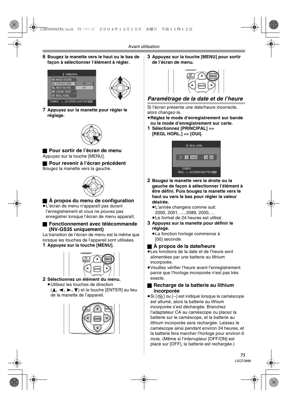 Paramétrage de la date et de l’heure | Panasonic NVGS21EG User Manual | Page 75 / 236