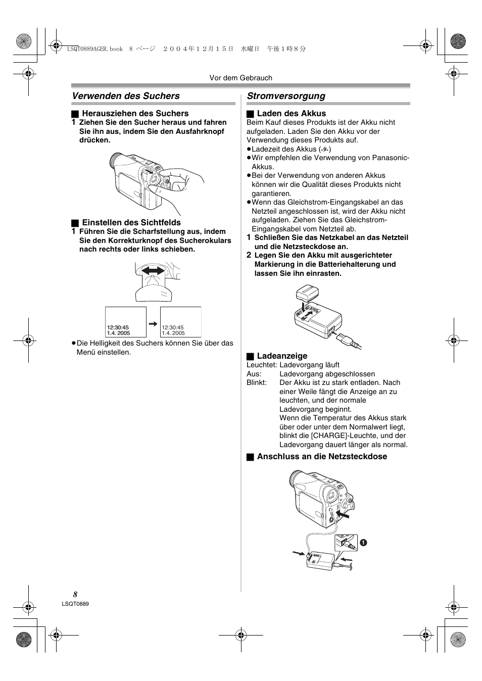 Verwenden des suchers stromversorgung, Verwenden des suchers, Stromversorgung | Panasonic NVGS21EG User Manual | Page 8 / 236