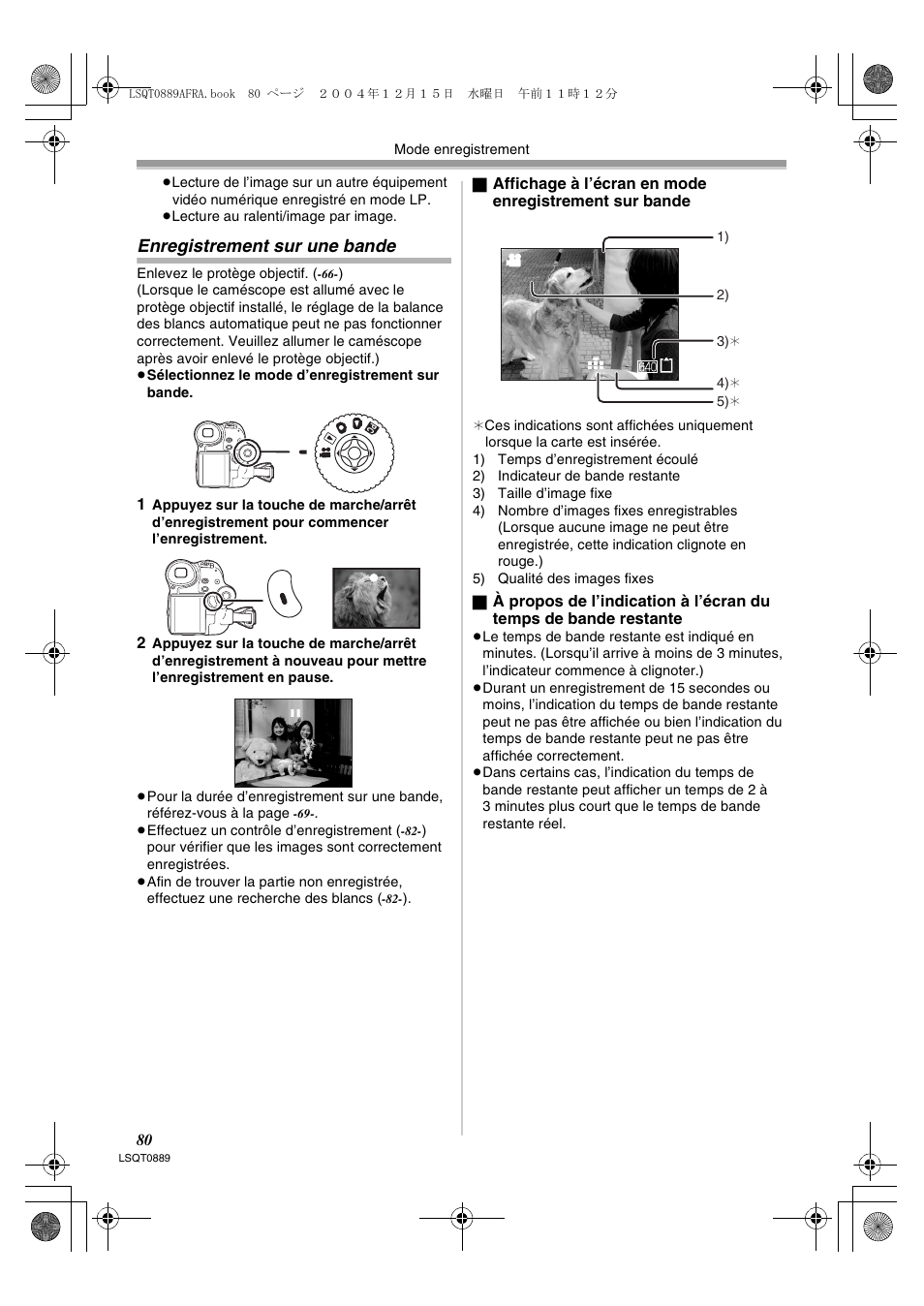 Enregistrement sur une bande | Panasonic NVGS21EG User Manual | Page 80 / 236