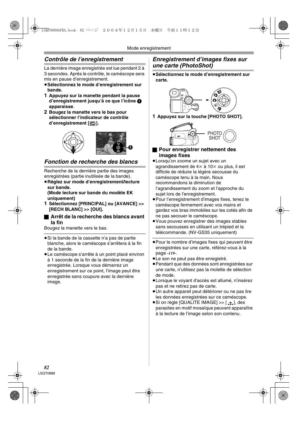 Photoshot), Contrôle de l’enregistrement, Fonction de recherche des blancs | Panasonic NVGS21EG User Manual | Page 82 / 236