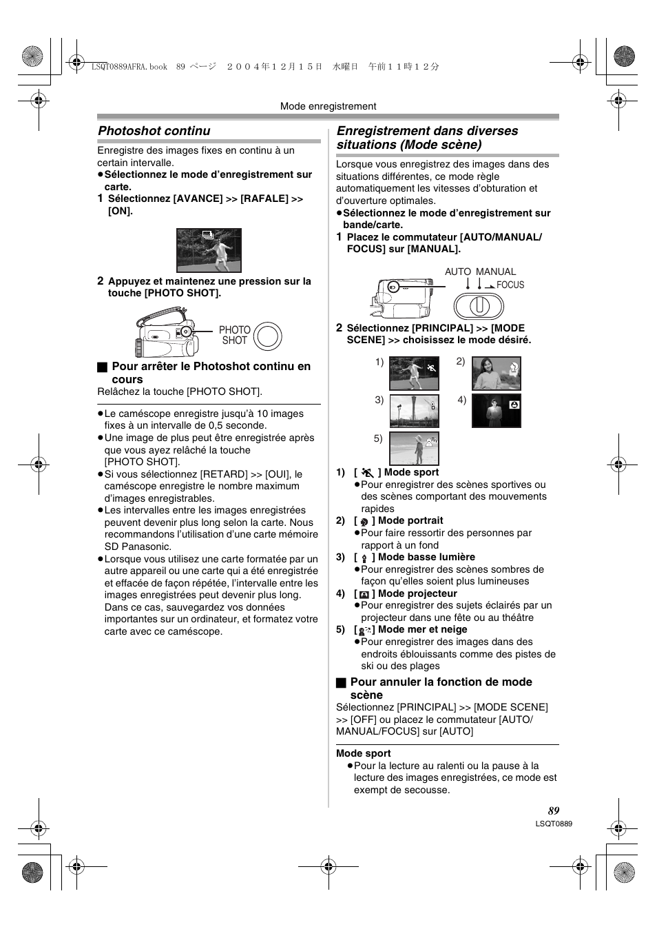 Mode scène), Photoshot continu | Panasonic NVGS21EG User Manual | Page 89 / 236
