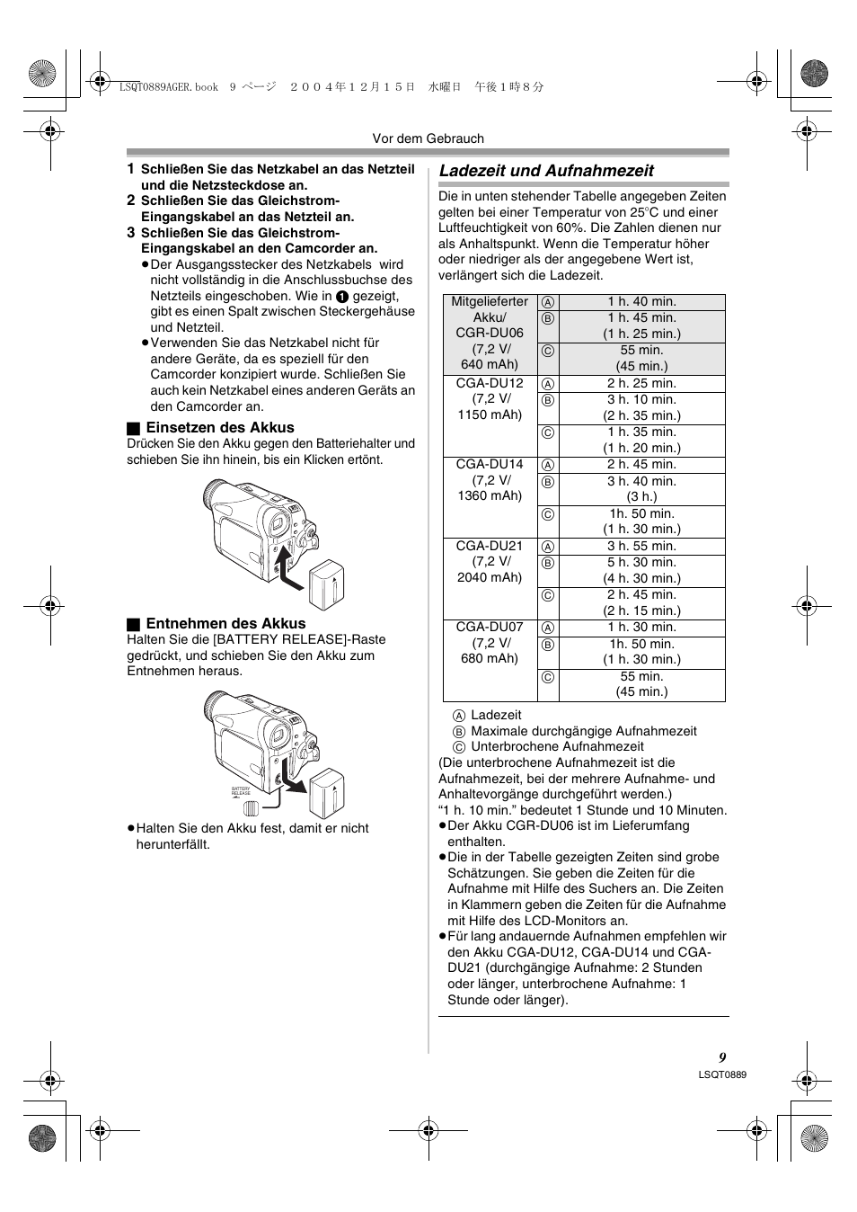 Ladezeit und aufnahmezeit | Panasonic NVGS21EG User Manual | Page 9 / 236